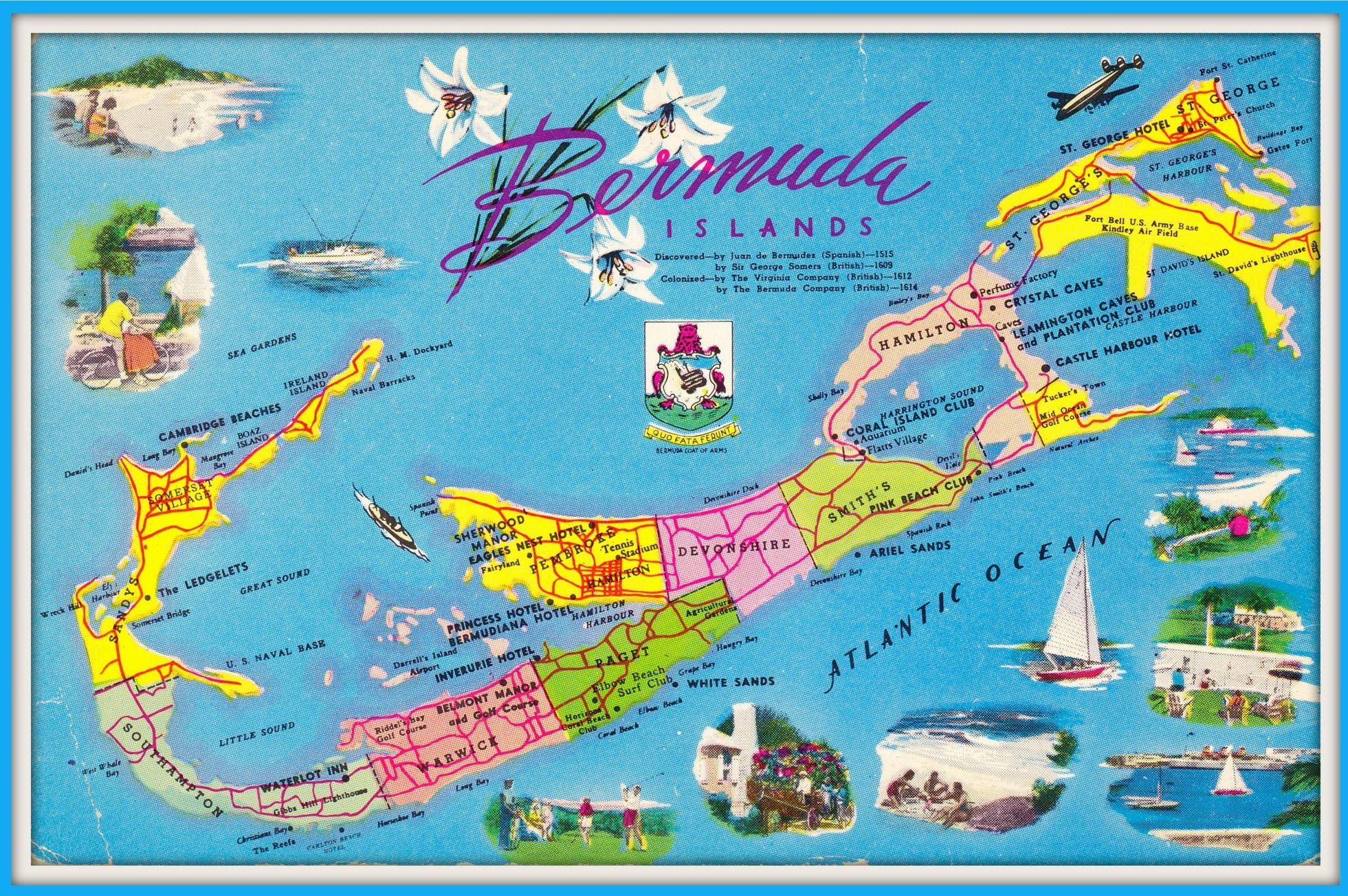 1968 Bermuda Map With Hotels Bermuda Island Vintage Postcards 