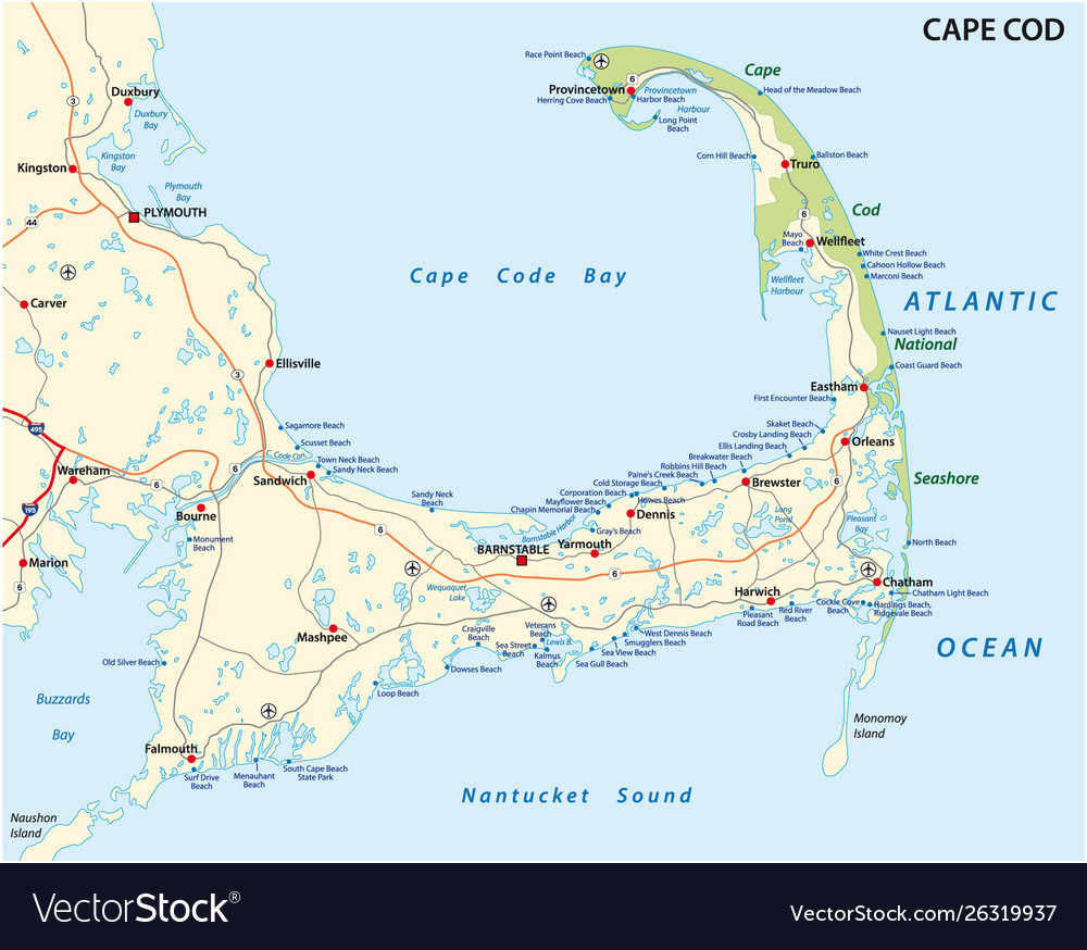 Cape Cod Beach Map United Staes Royalty Free Vector Image