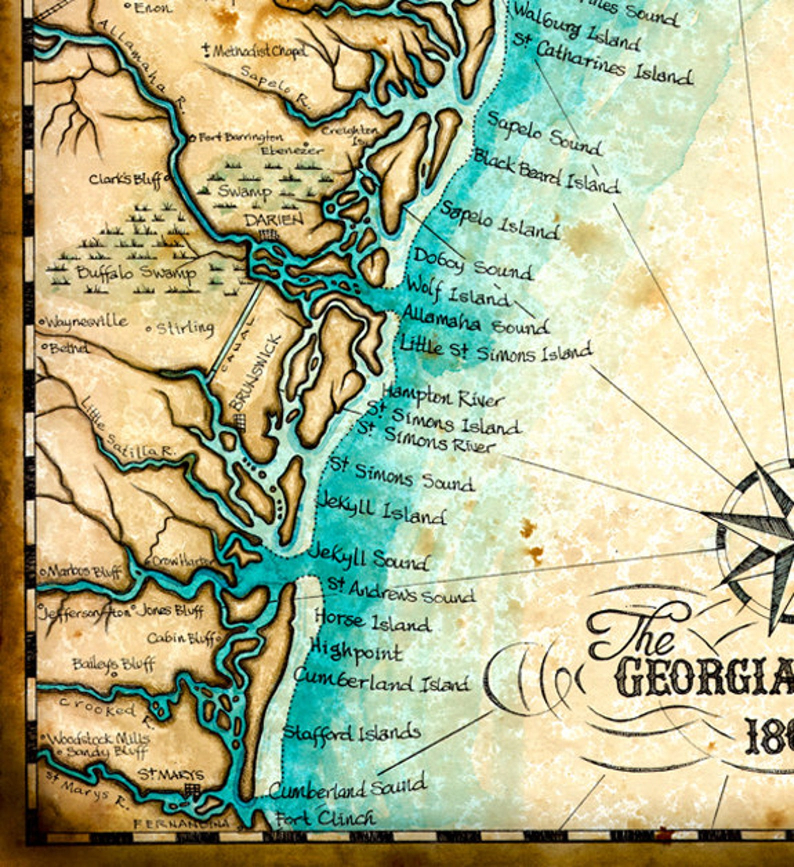 Georgia Coast Map Art C 1865 11 X 14 Hand Etsy