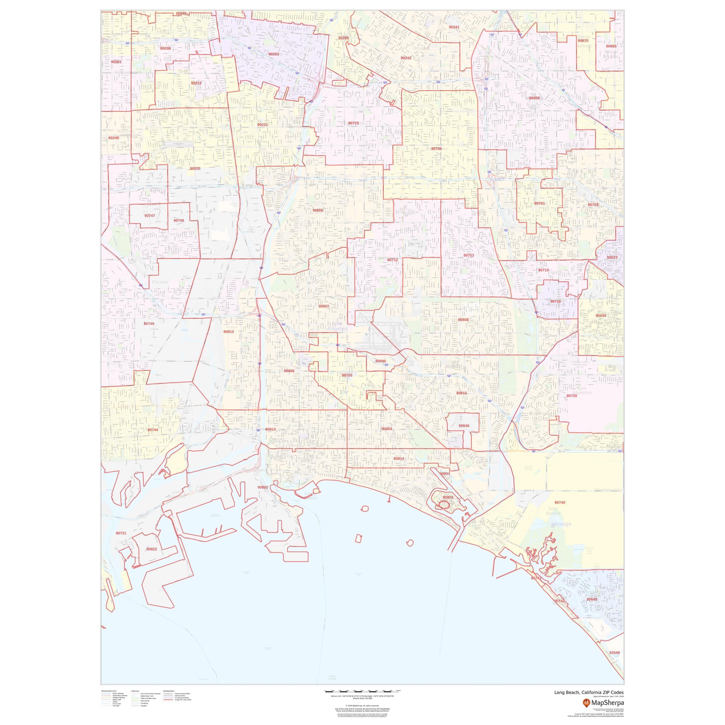 Long Beach California Zip Codes The Map Shop