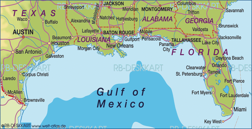Map Of Gulf Coast Region In United States Welt Atlas de