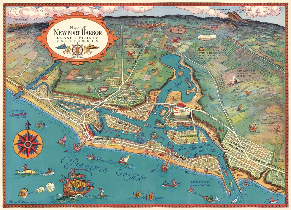 Newport Beach Map Pictorial Map Of Newport Beach Ca Print On 
