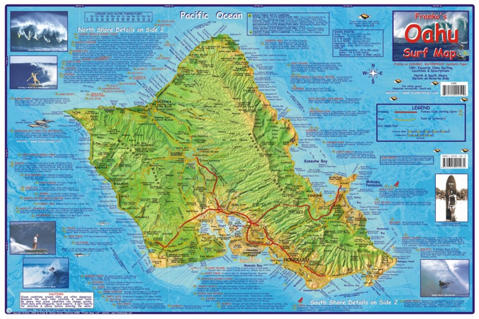 Oahu Hawaii 2009 Surf Map Laminated By Frankos Maps Ltd 