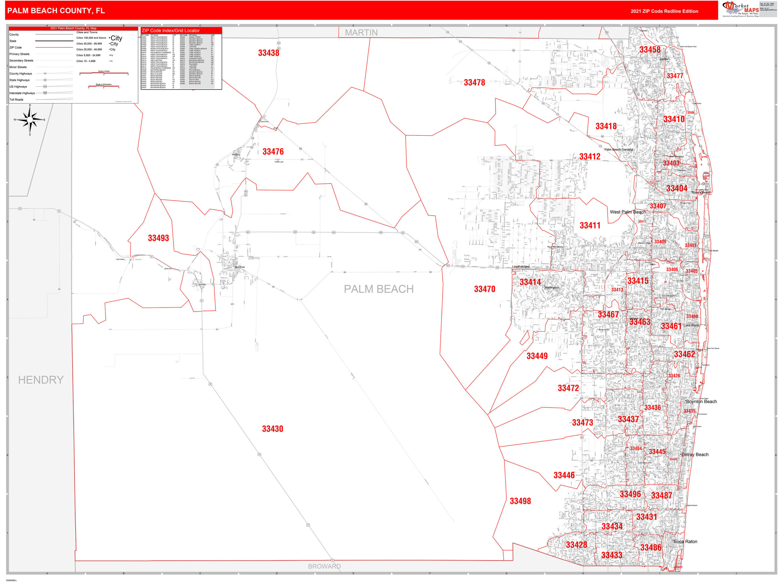 Palm Beach County FL Zip Code Wall Map Red Line Style By MarketMAPS