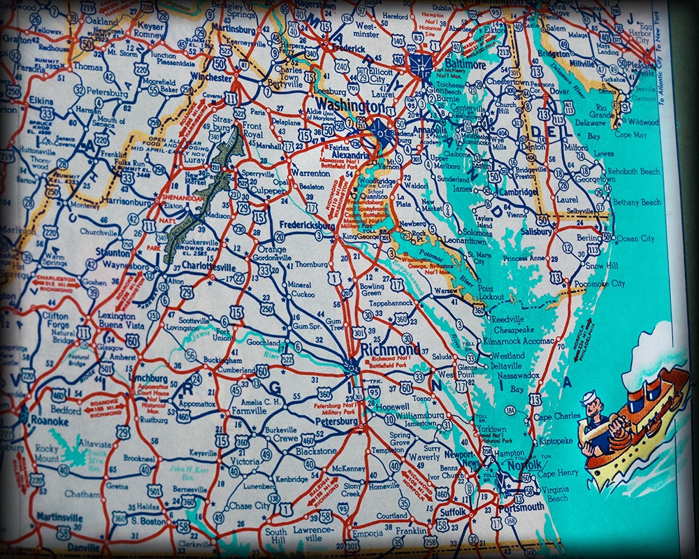 Virginia Beach Retro Map Print Funky Vintage Turquoise Photo Etsy