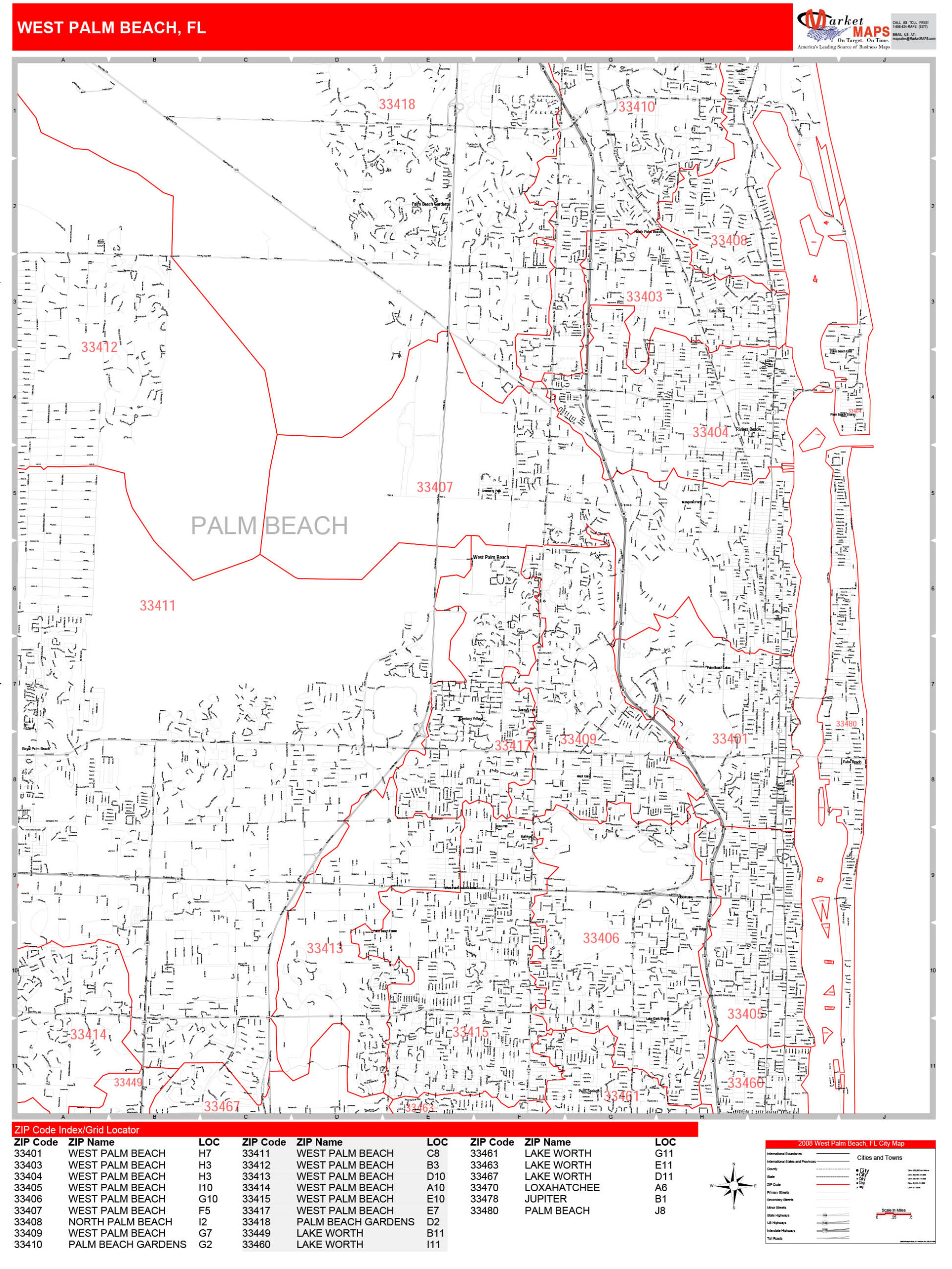 West Palm Beach Florida Zip Code Wall Map Red Line Style By MarketMAPS