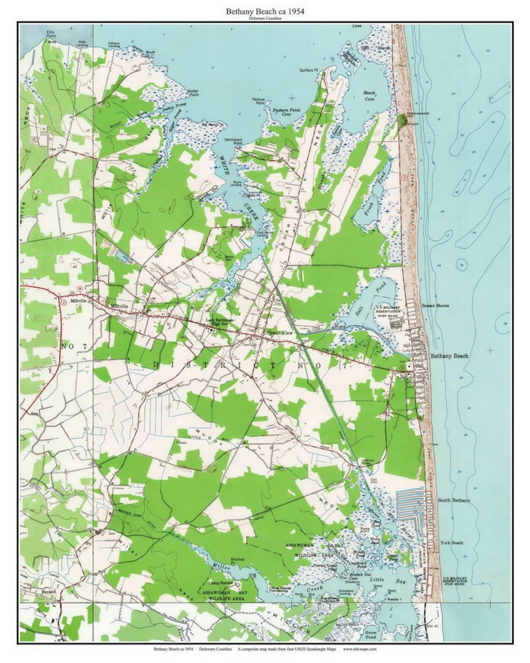 Bethany Beach 1954 Map Reprint - Delaware - 7X7 Old Topographic within Map of Bethany Beach Delaware