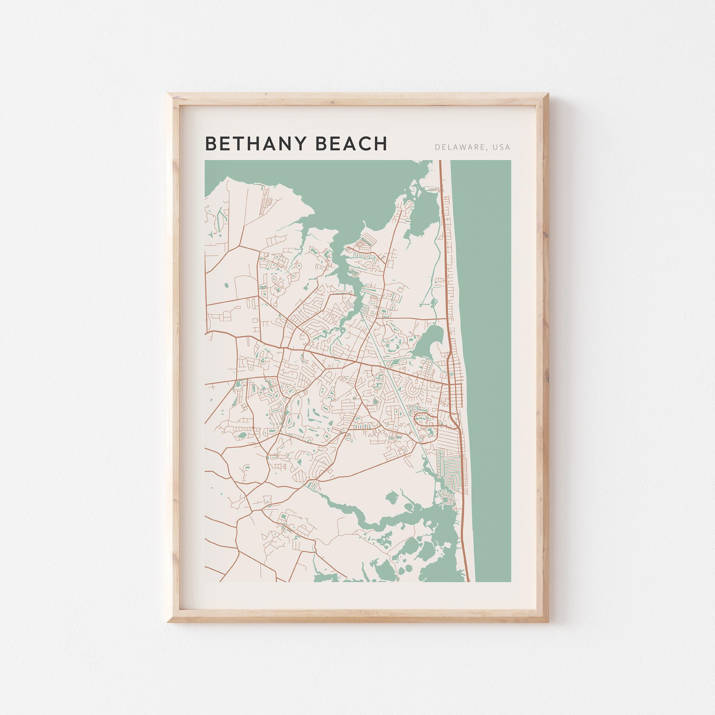 Bethany Beach Map Poster, Bethany Beach Print, Bethany Beach throughout Map of Sea Colony Bethany Beach Delaware