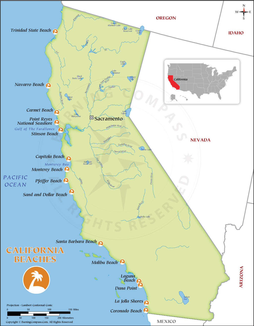 California Beach Map, Beaches In California Map, California Beaches with Map of Beaches in California