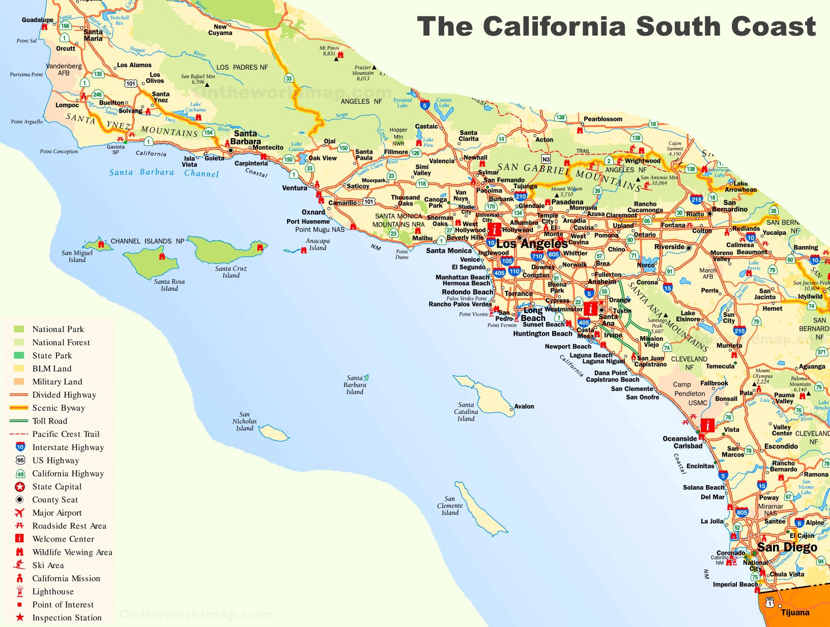 California South Coast Map - Ontheworldmap throughout Southern California Beach Cities Map