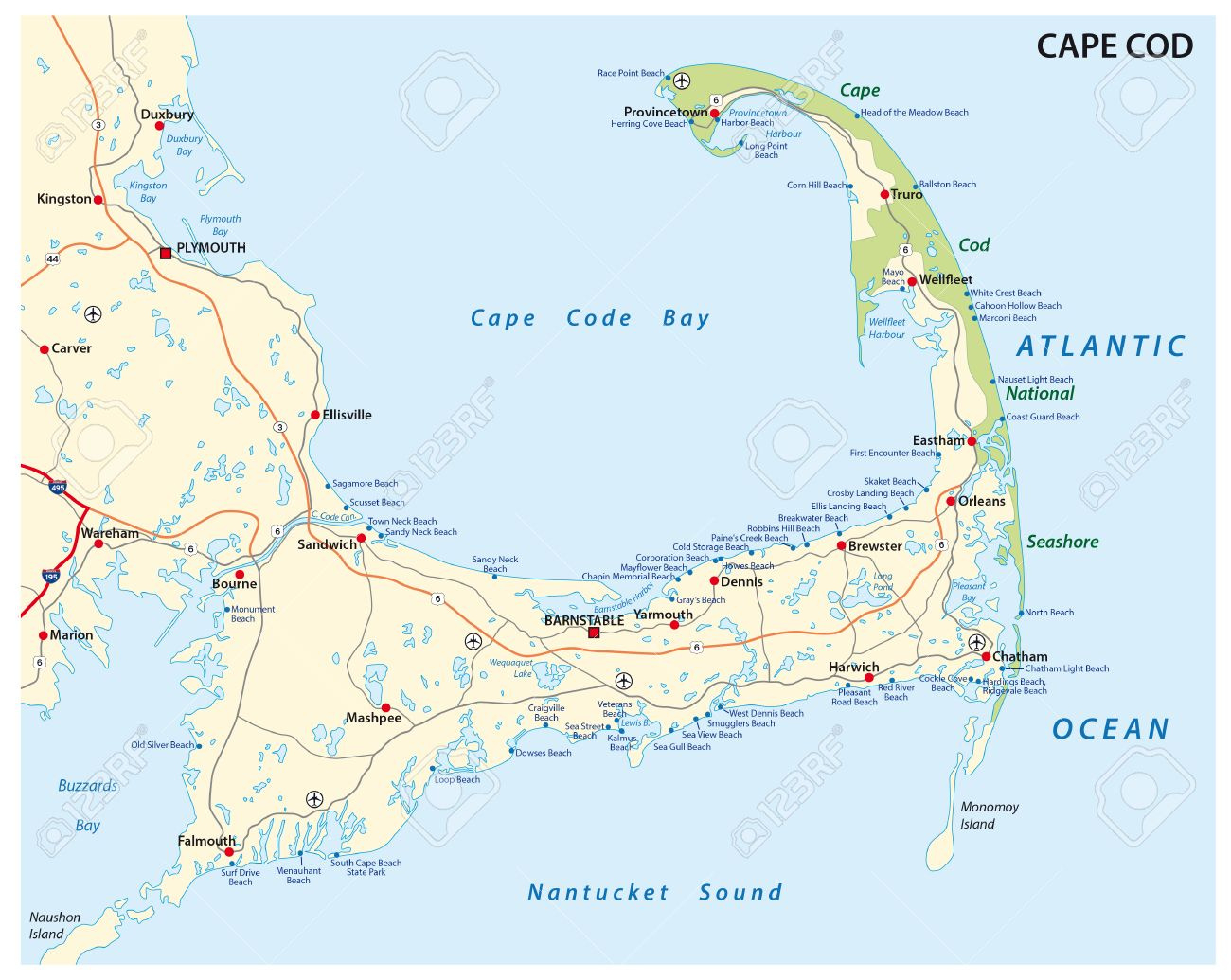 Cape Cod Straße Und Strand Karte Lizenzfrei Nutzbare Svg pertaining to Map Of Beaches In Cape Cod