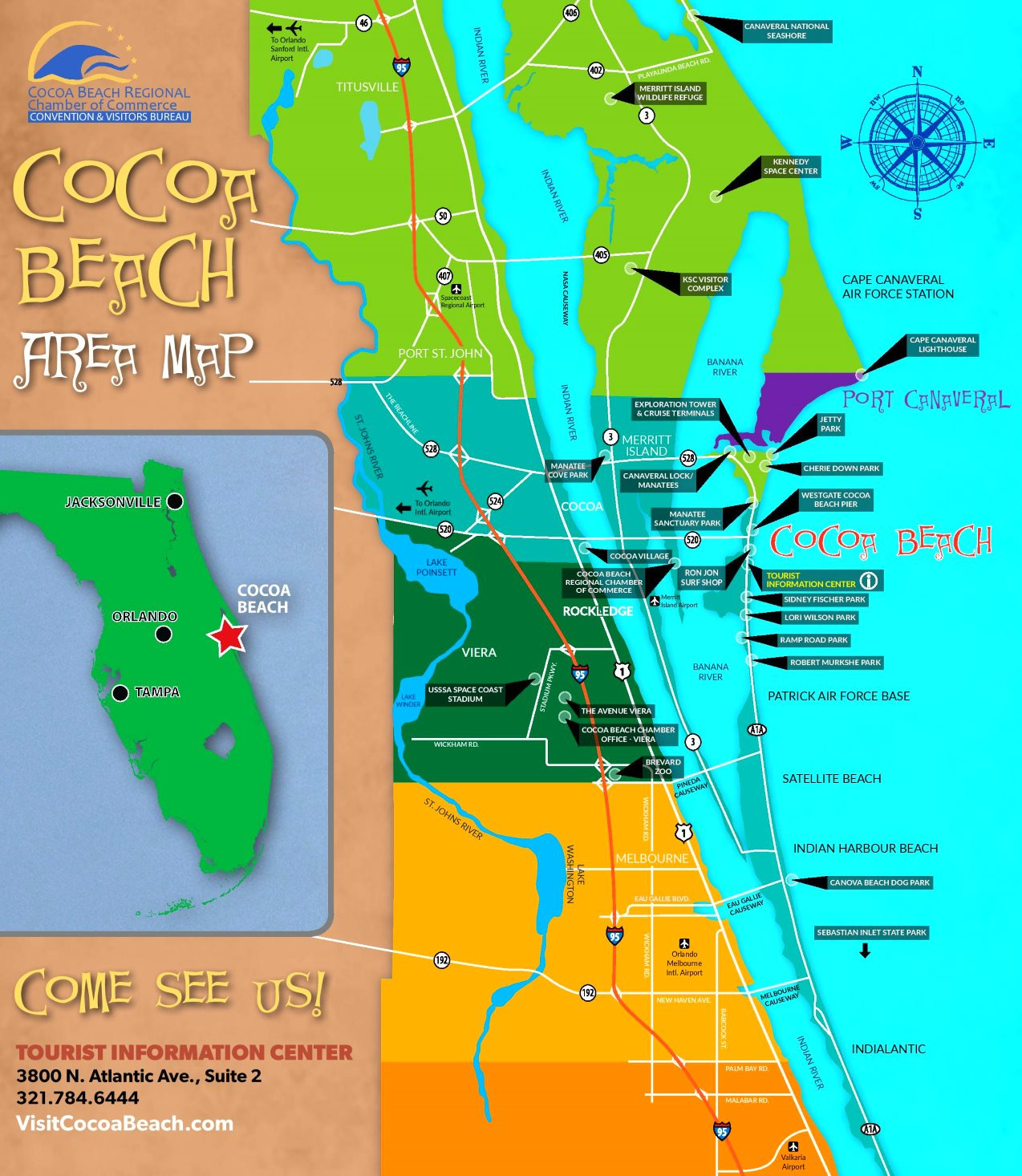 Cocoa Beach Area Map - Ontheworldmap in Cocoa Beach on the Map