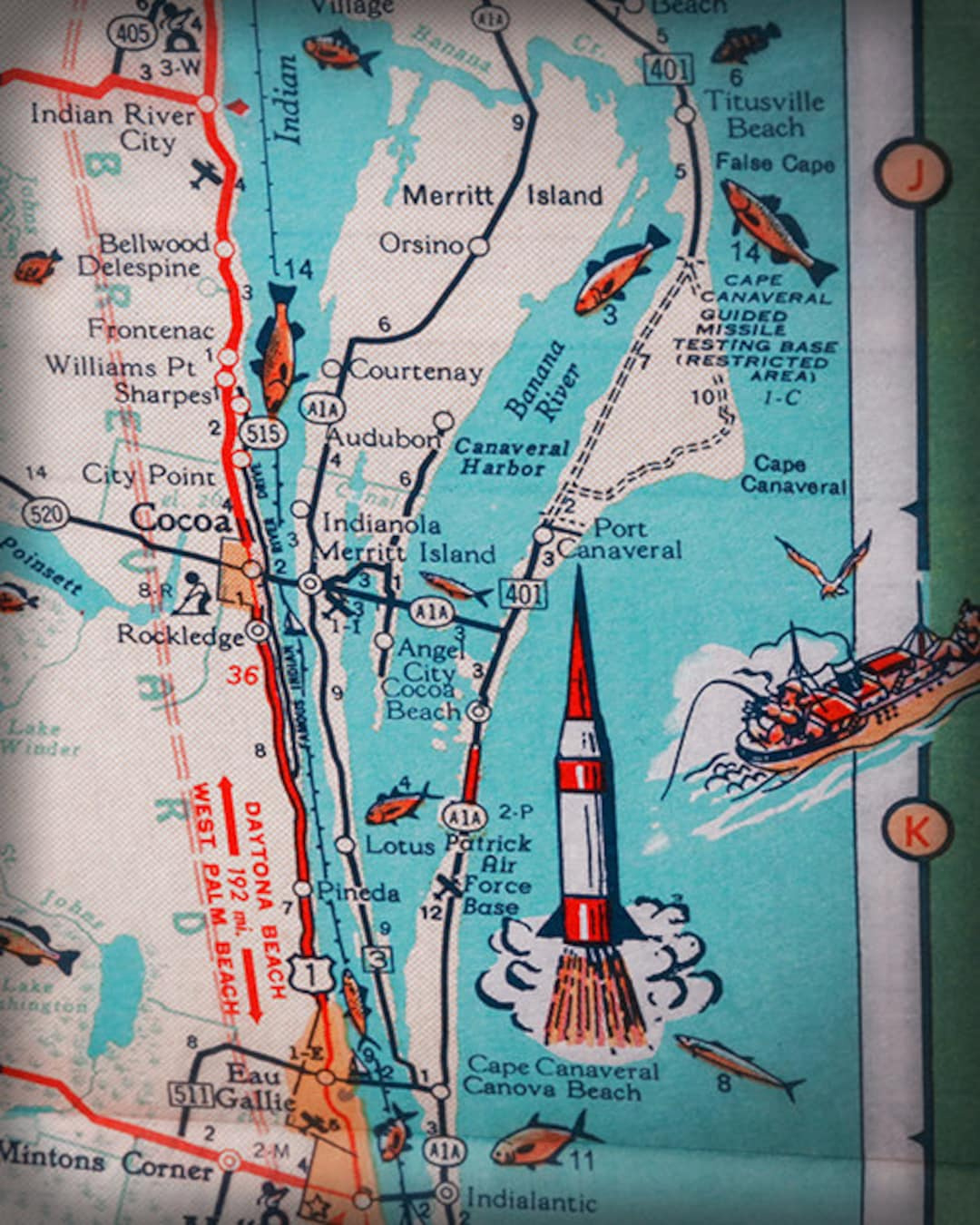 Cocoa Beach Cape Canaveral Merritt Island Retro Beach Map Print Funky Vintage Turquoise Photo Of Florida East Coast - Etsy.de inside Cocoa Beach Map Of Florida