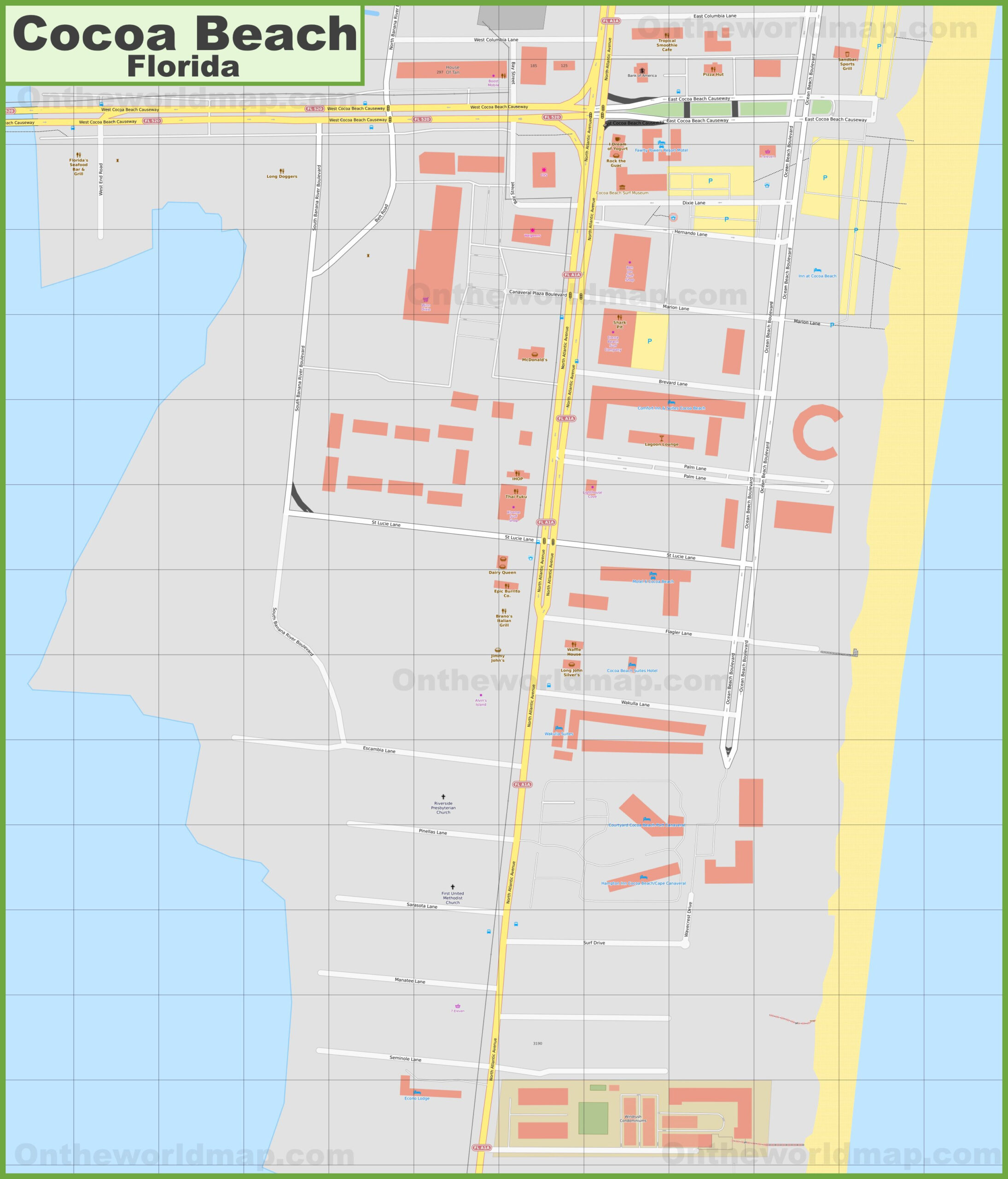 Cocoa Beach Downtown Map - Ontheworldmap throughout Map Of Cocoa Beach Hotels