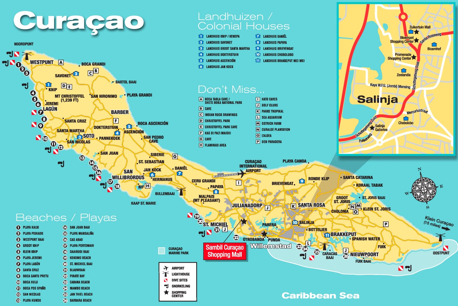 Curaçao Tourist Map - Ontheworldmap with Map Of Beaches In Curacao