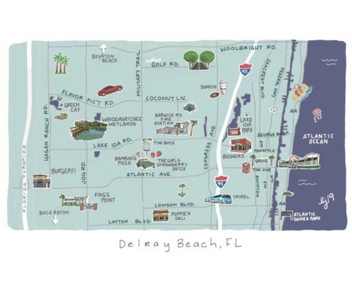 Delray Beach Map Art Prints -Florida Artwork - Delray Illustration - South Florida Original Art - Delray Landmark Map intended for Delray Beach on Map of Florida