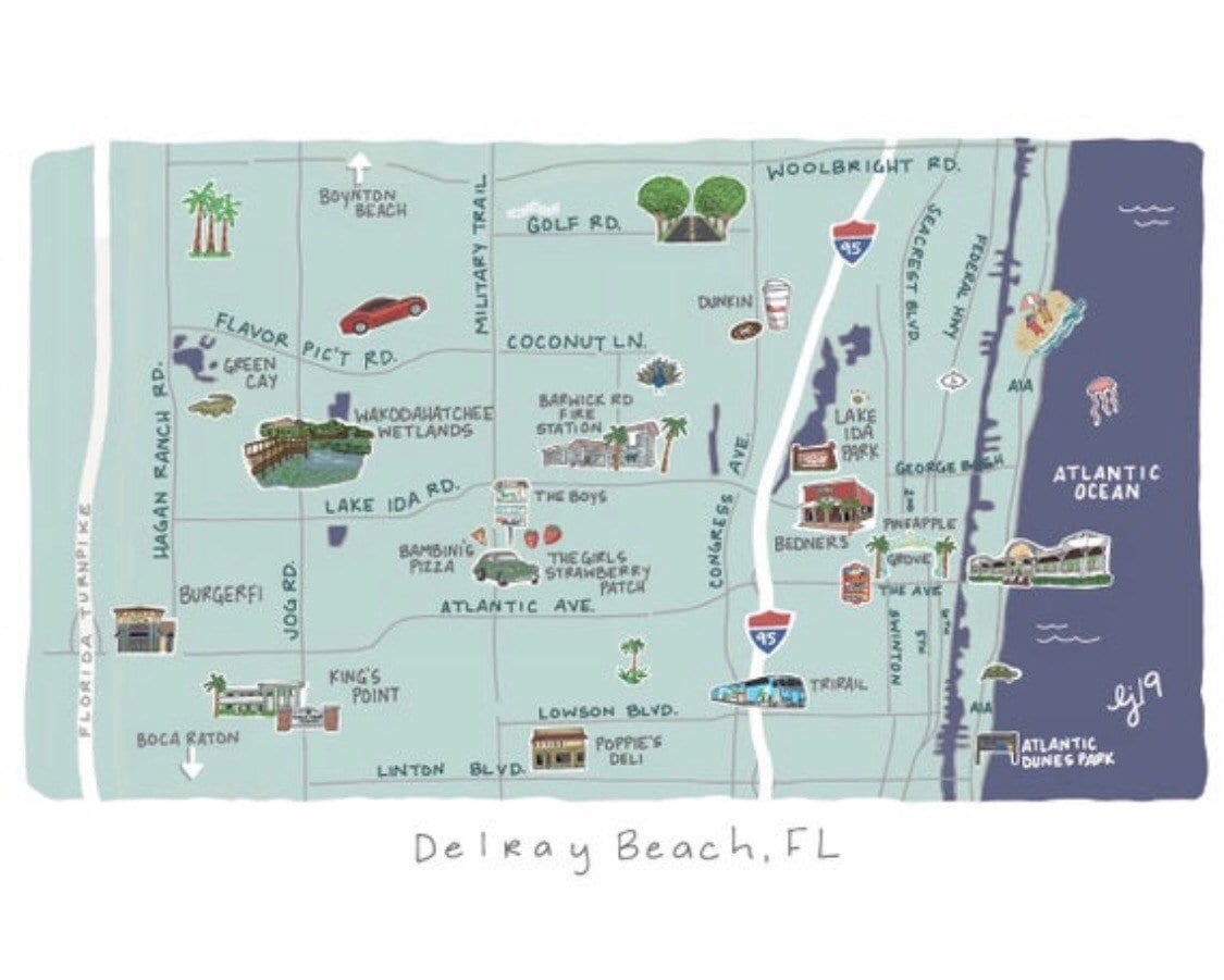 Delray Beach Map Art Prints -Florida Artwork - Delray Illustration - South Florida Original Art - Delray Landmark Map within Delray Beach On A Map