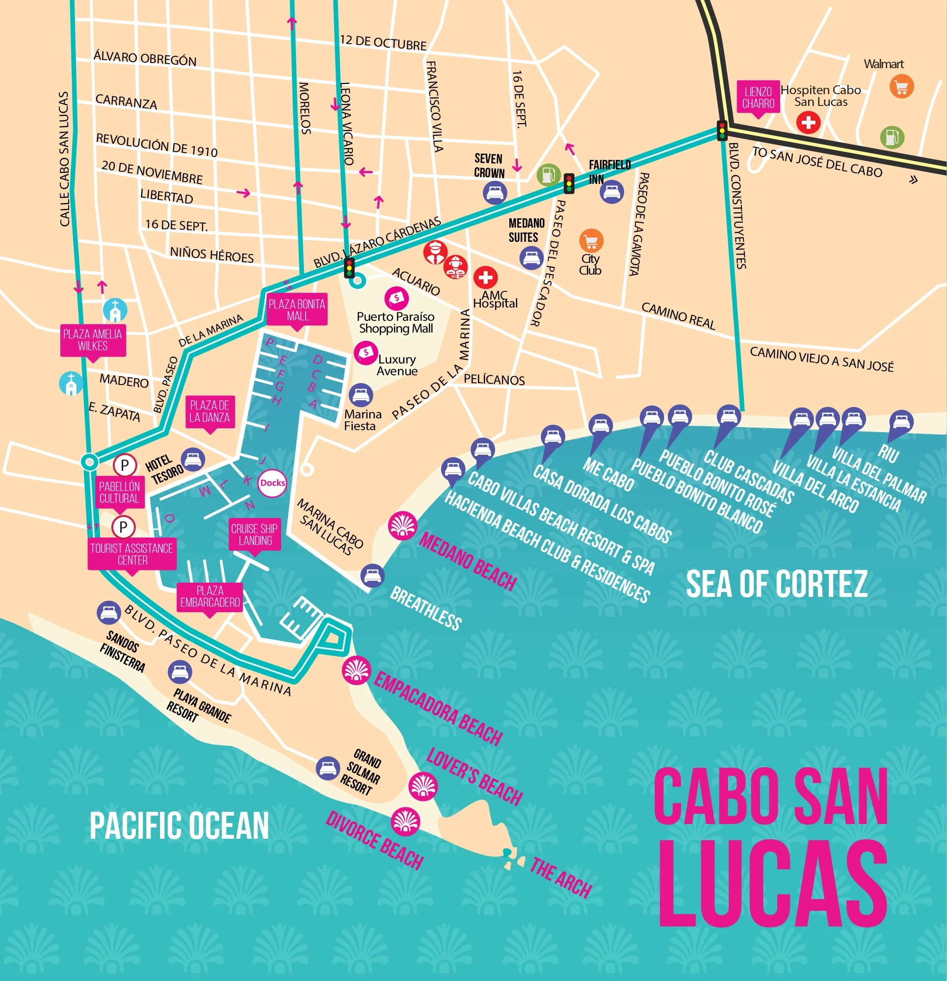 Destino Magazine - Baja 101 Map: Cabo San Lucas within Map of Cabo San Lucas Beaches