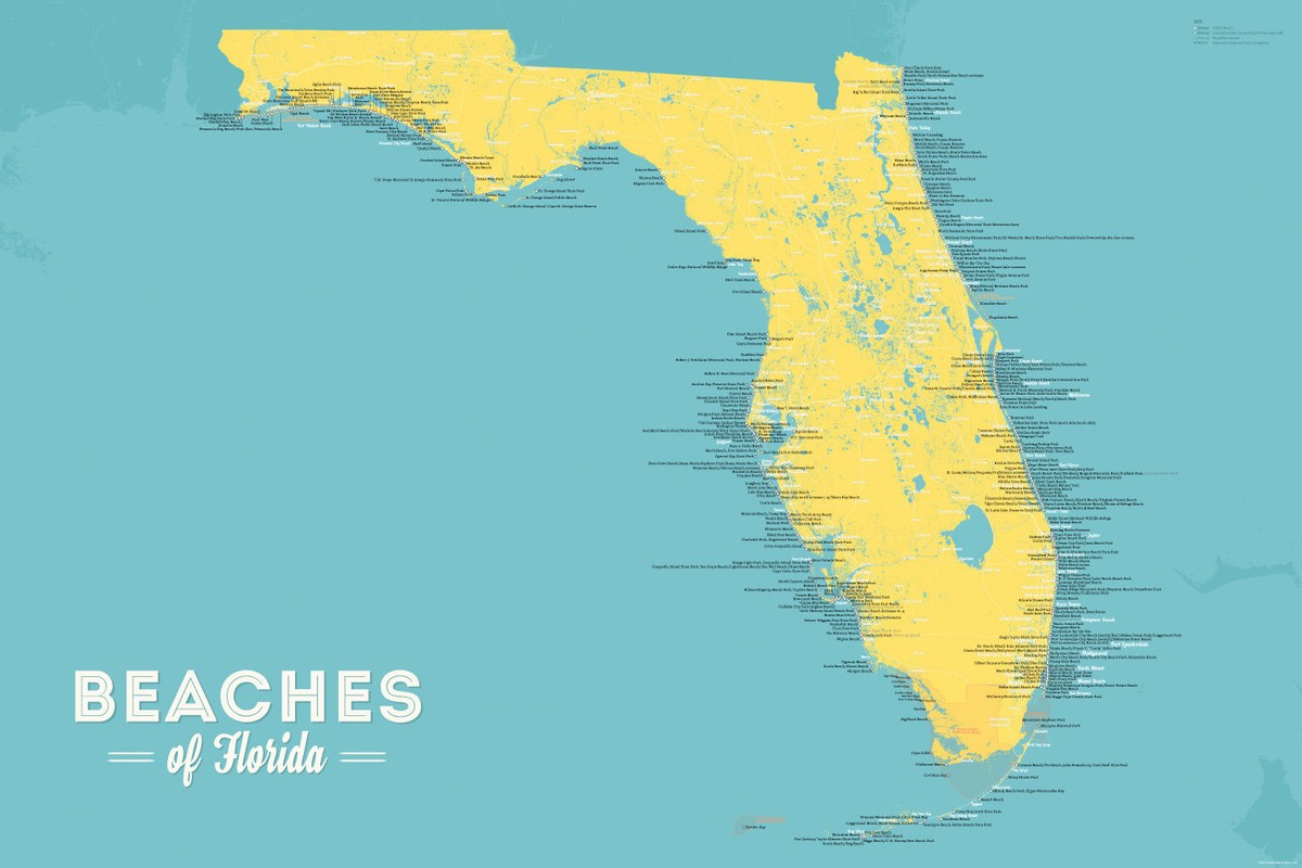 Florida Beaches Map 24X36 Poster (Marigold &amp;amp; Turquoise) #873 | Ebay inside Beaches on Florida East Coast Map