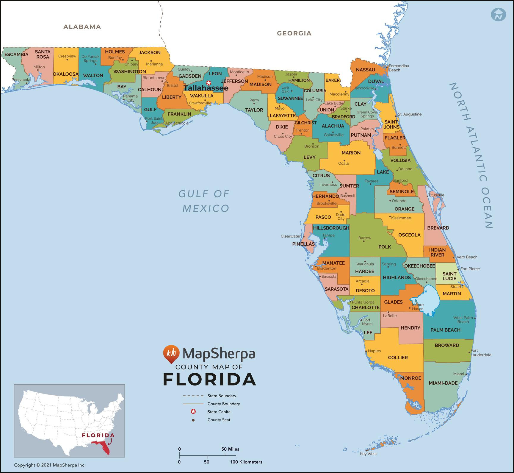 Florida Counties Mapmapsherpa - The Map Shop throughout Map of Florida Counties East Coast