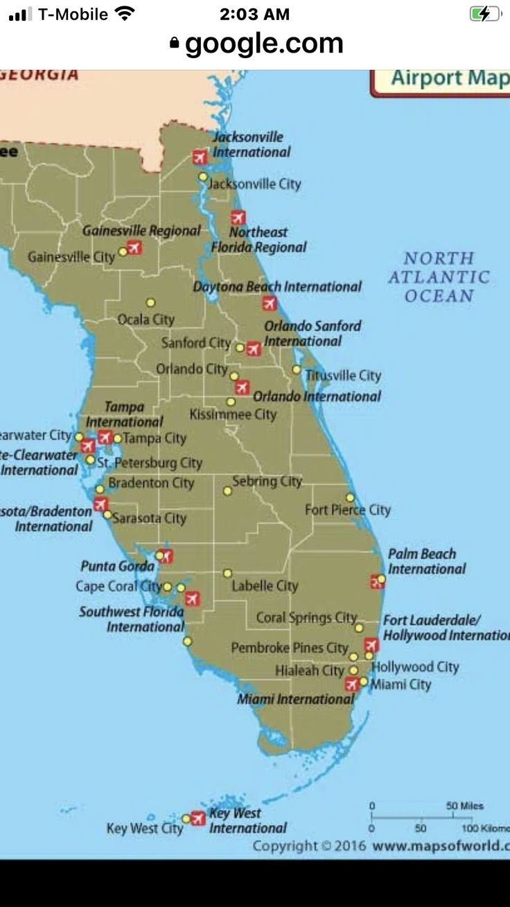 Florida Map With Major Cities And Airports with Map of Florida East Coast Airports