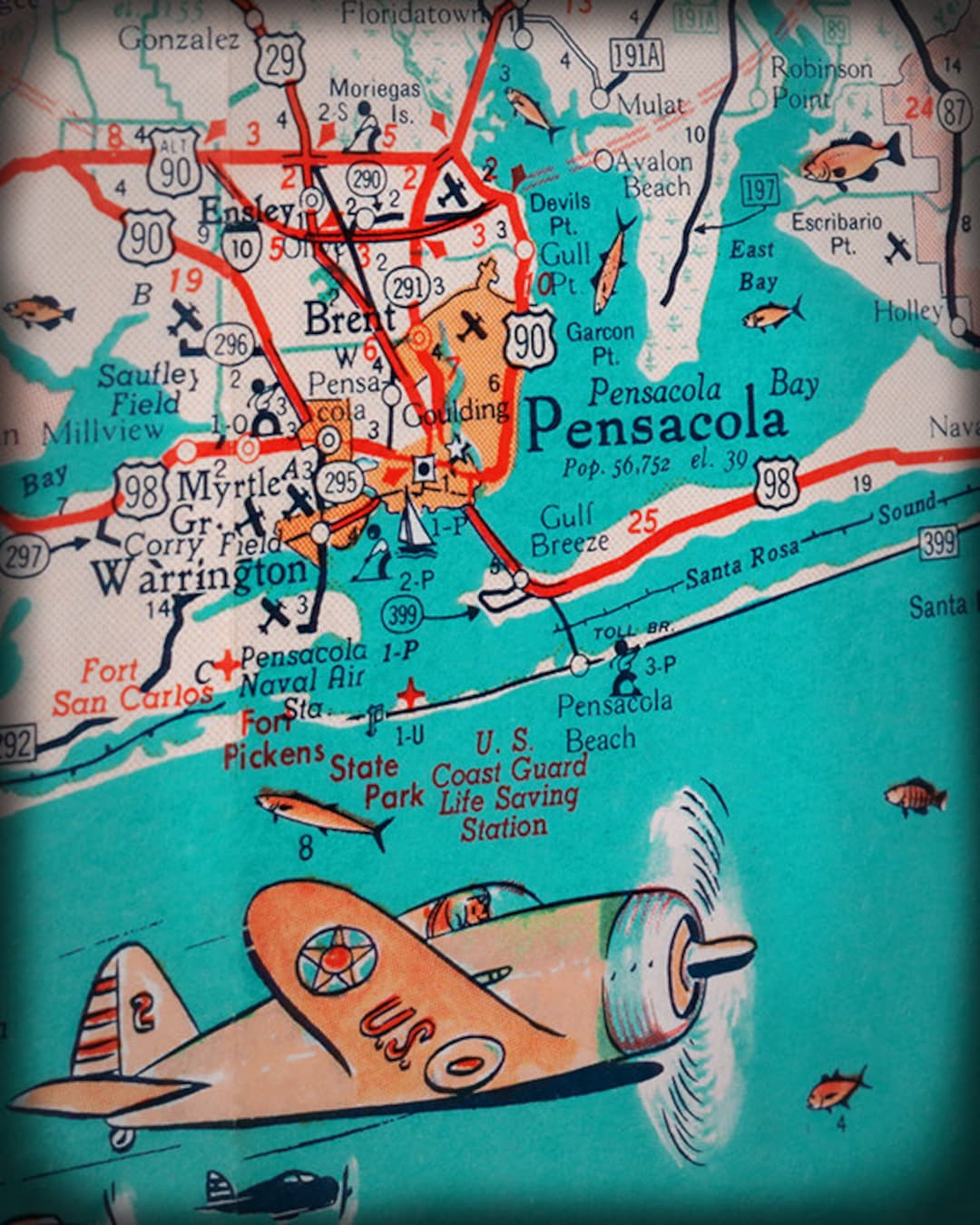Florida Panhandle Pensacola Beach Retro Map Print Funky Vintage Turquoise Photo Warrington Us Coast Guard - Etsy.de in Map Of Pensacola Beach Fl