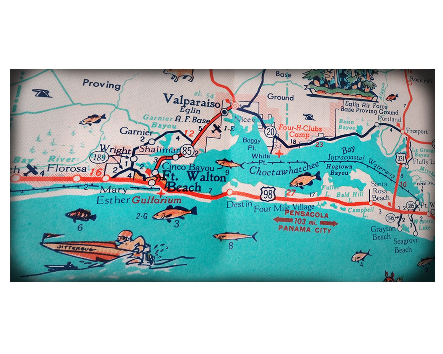 Ft. Walton Beach Destin Retro Beach Map Panoramic Print Funky inside Map Of Destin Beach Florida