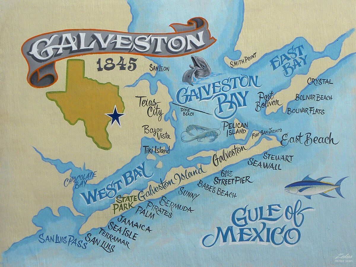Galveston Texas Karte Druck Strandkunst Küstendeko with Map Of Galveston Texas Beaches