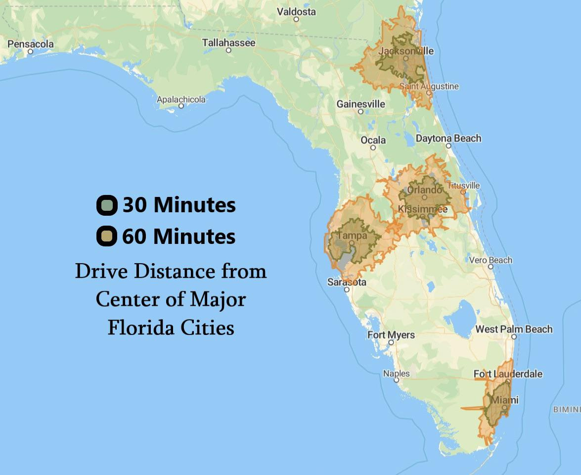 How Far You Can Make It Within An Hour Of Driving From Major Fl pertaining to Map of Beaches You Can Drive on in Florida