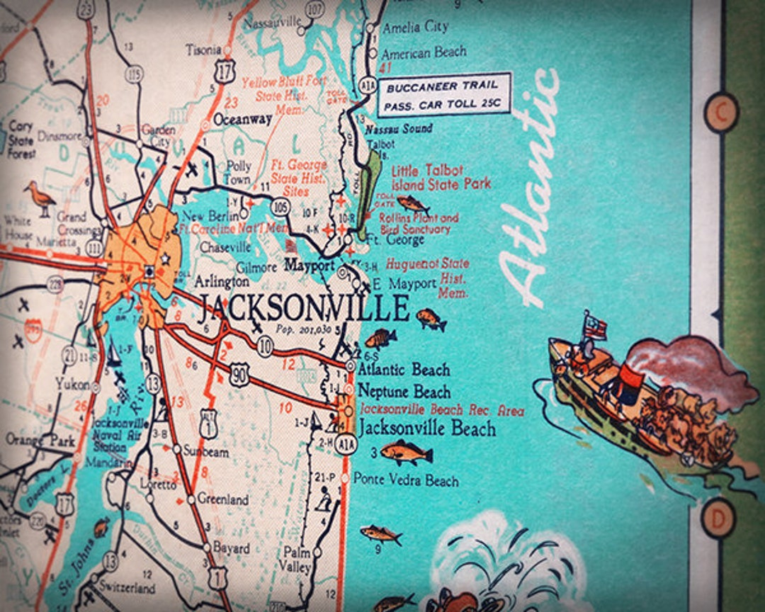 Jacksonville Beach Mayport Atlantic Beach Retro Beach Map Print within Map of Jacksonville Beach Florida