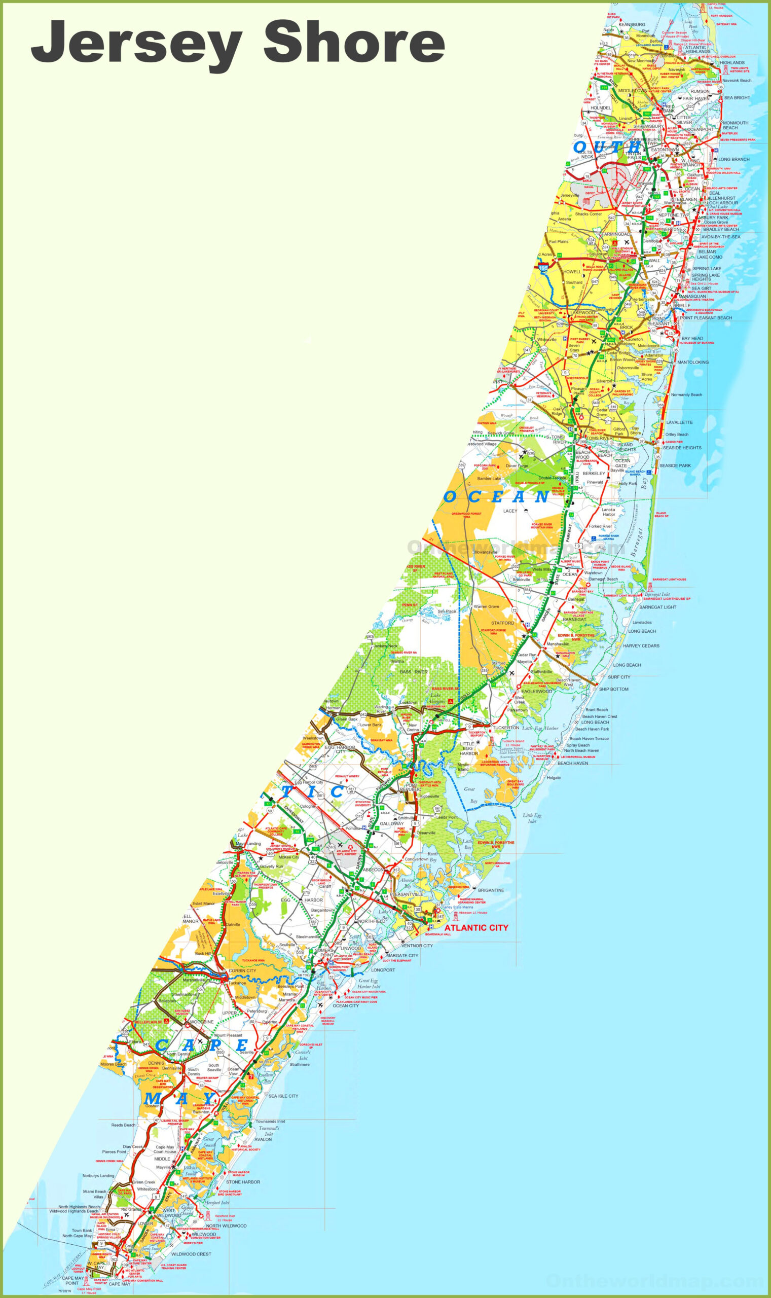Jersey Shore Map - Ontheworldmap in Beaches In New Jersey Map