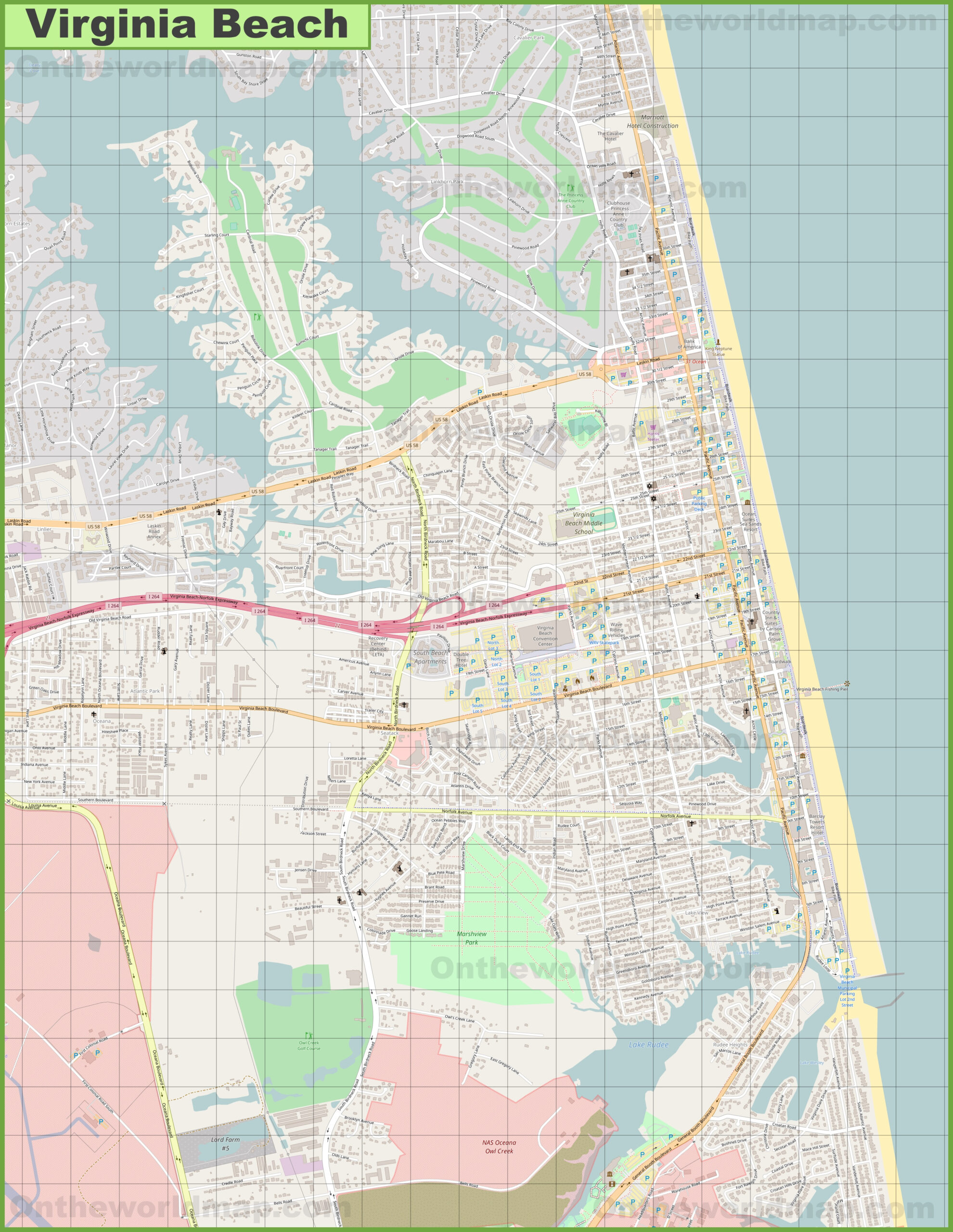 Large Detailed Map Of Virginia Beach - Ontheworldmap within Virginia Beach City Street Map