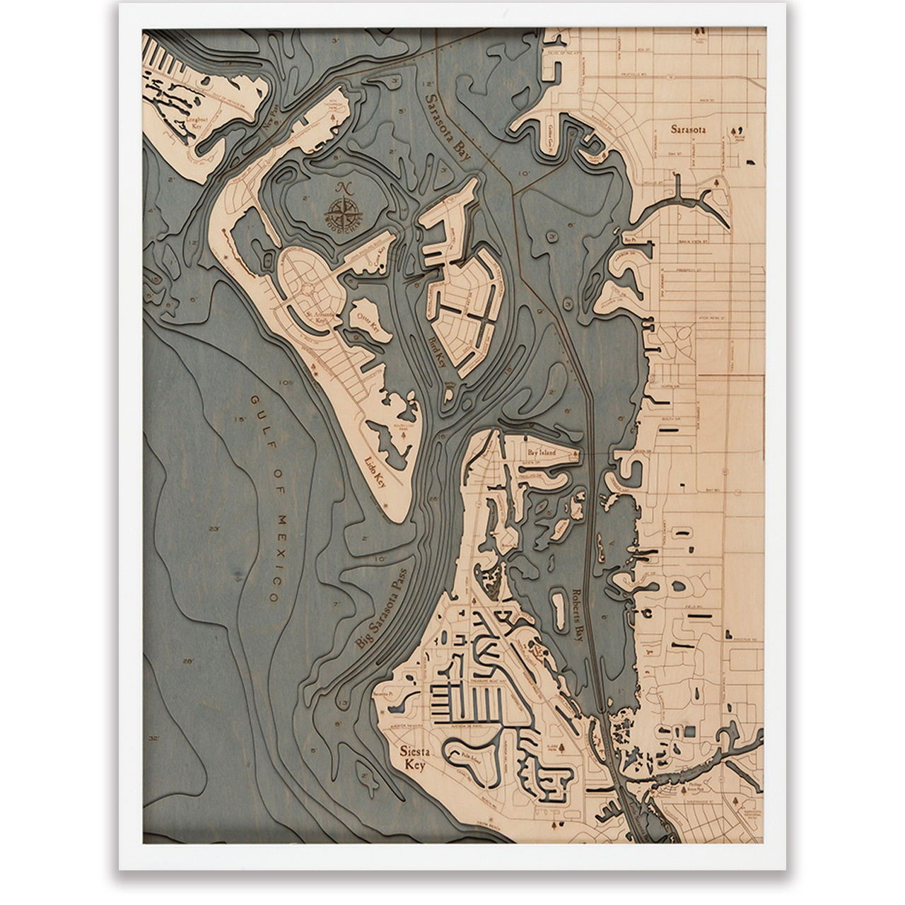 Lido Key - Siesta Key Wooden Map Art | Topographic 3D Chart inside Map of Lido Beach Sarasota Fl