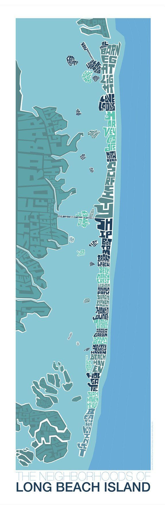 Long Beach Island New Jersey Type Map - Vertical Blue / 12X36 throughout Long Beach Island on Map