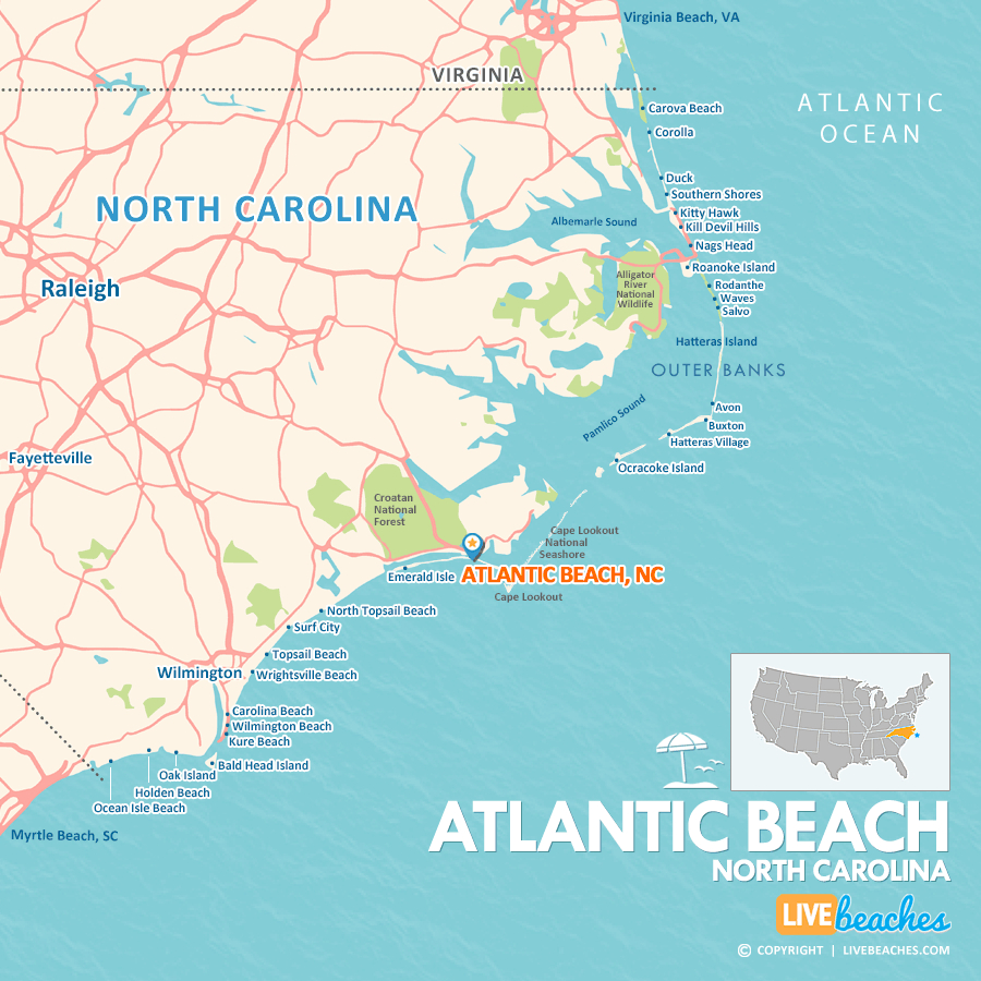 Map Of Atlantic Beach, North Carolina - Live Beaches with regard to Map of Atlantic Coast Beaches