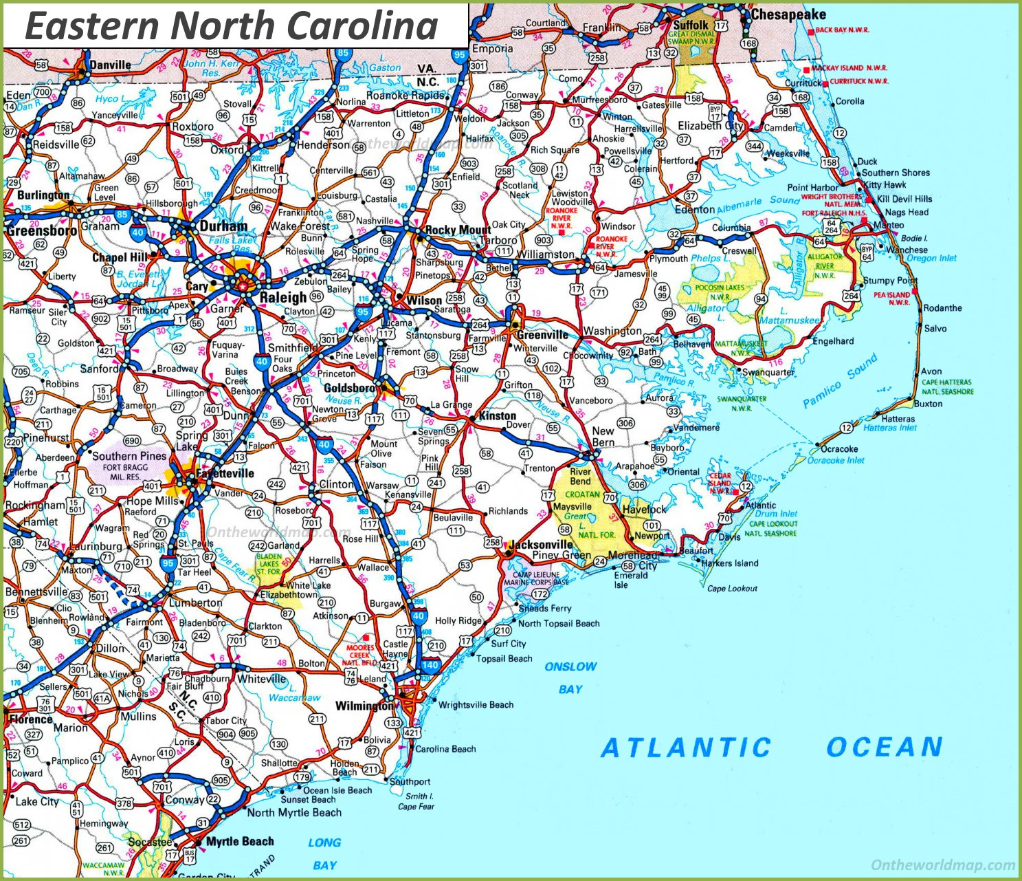 Map Of Eastern North Carolina (Coastal Plain) - Ontheworldmap inside North Carolina Beach Towns Map