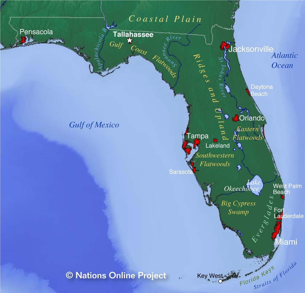 Map Of Florida State, Usa - Nations Online Project in Show Me a Map of the East Coast of Florida