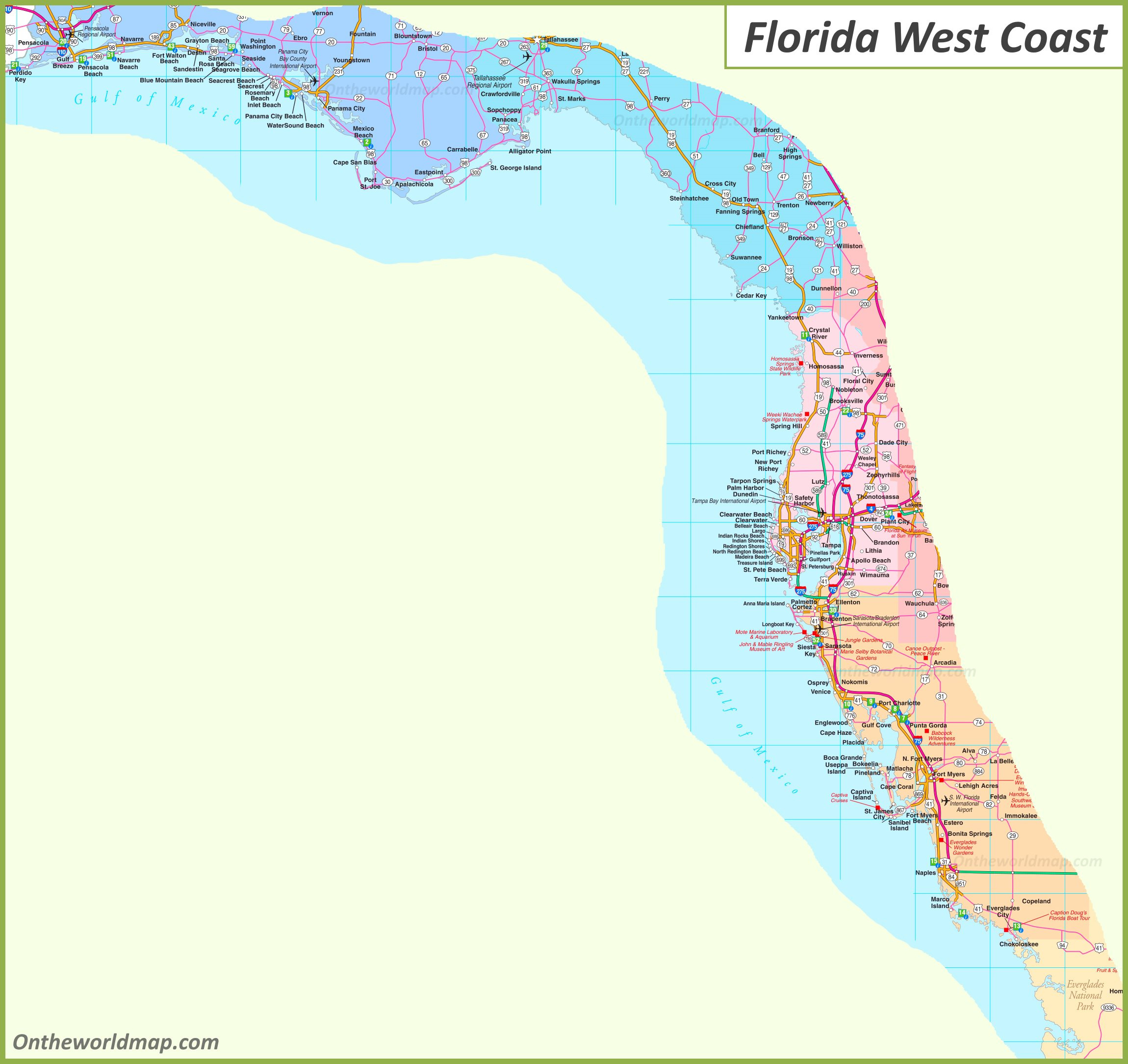 Map Of Florida West Coast - Florida Gulf Coast Map - Ontheworldmap for Map of Gulf Coast Florida Towns