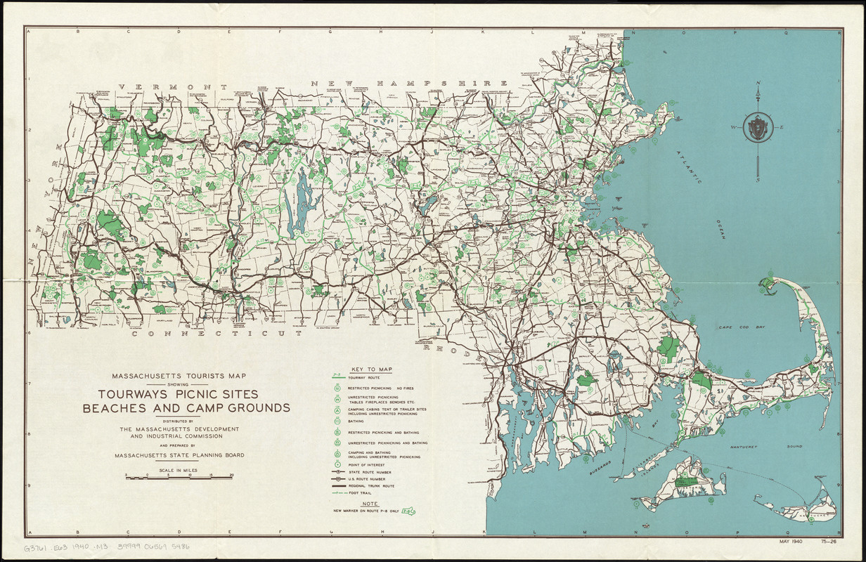 Massachusetts Tourists Map : Showing Tourways, Picnic Sites regarding Map Of Beaches In Massachusetts