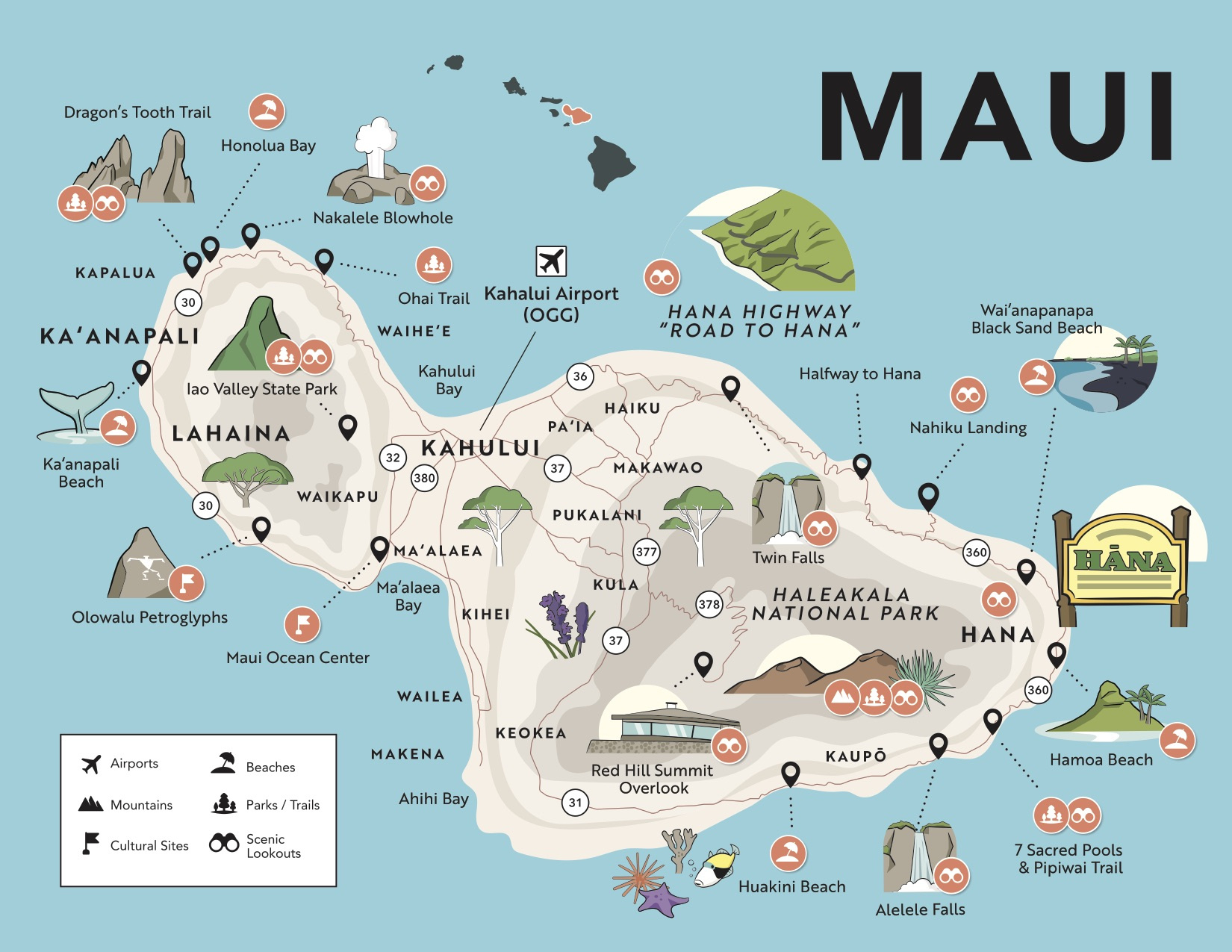 Maui Maps - 8 Maui Maps: Regions, Roads + Points Of Interest within Map of Maui Beaches Hawaii