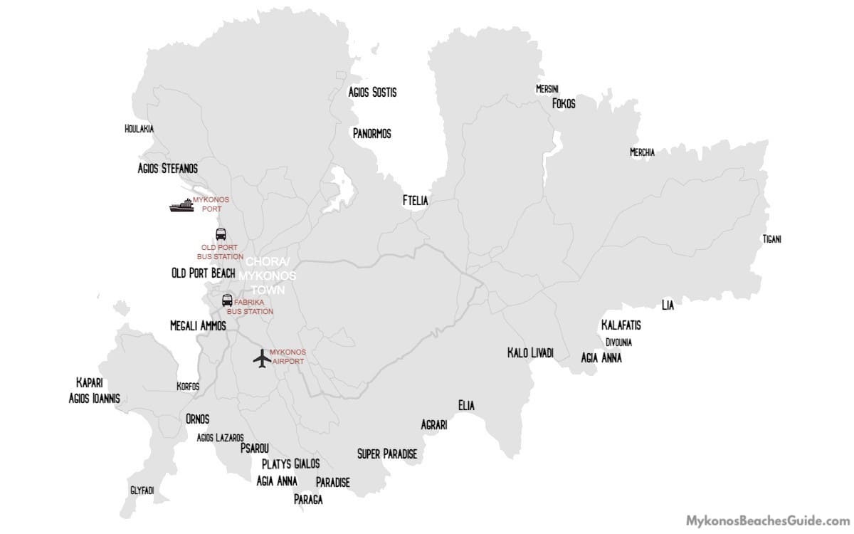 Mykonos Beaches Map intended for Map of Beaches in Mykonos