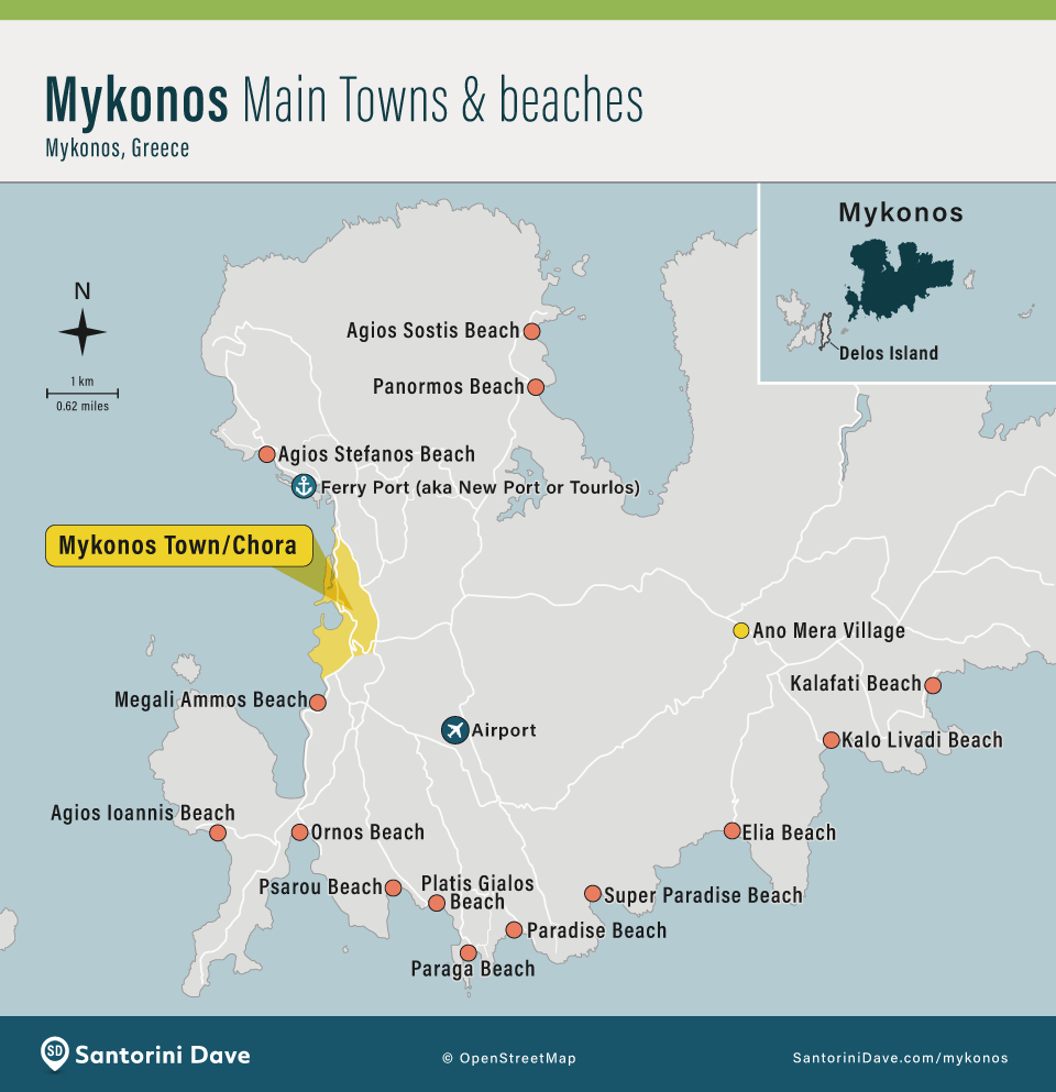 Mykonos Maps - Hotels, Towns, Beaches, Attractions, Bus, Ferry Port in Map of Beaches in Mykonos