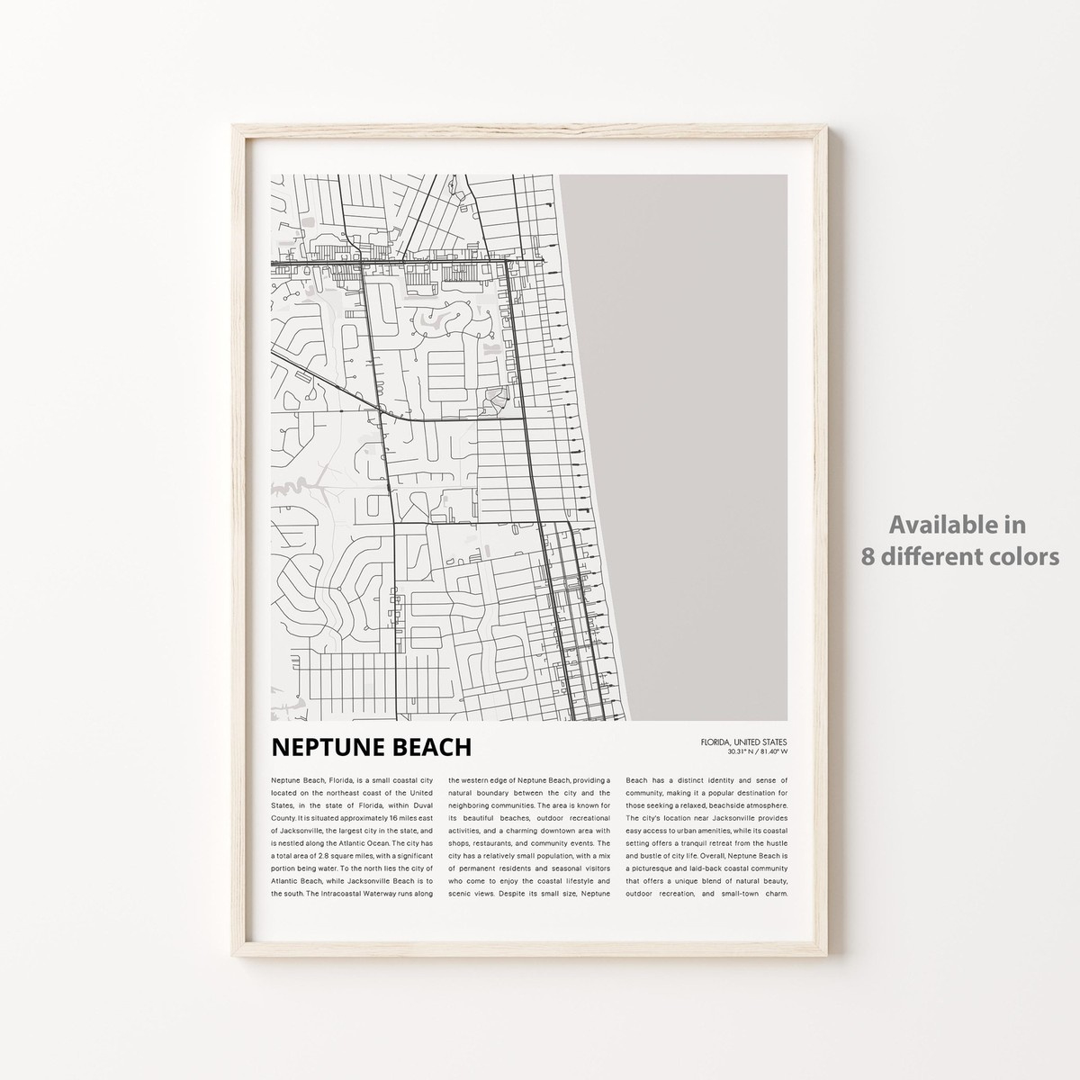 Neptune Beach City Map Print, Florida Travel Poster, Wall Art throughout Map Of Neptune Beach Florida