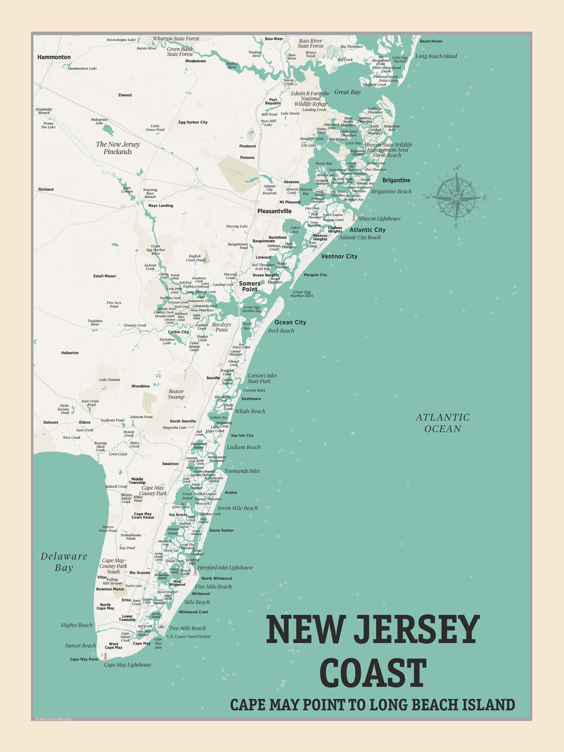 New Jersey Coast Map South – Nj Shore Print – Coast Beach Map with regard to Map of South New Jersey Beaches