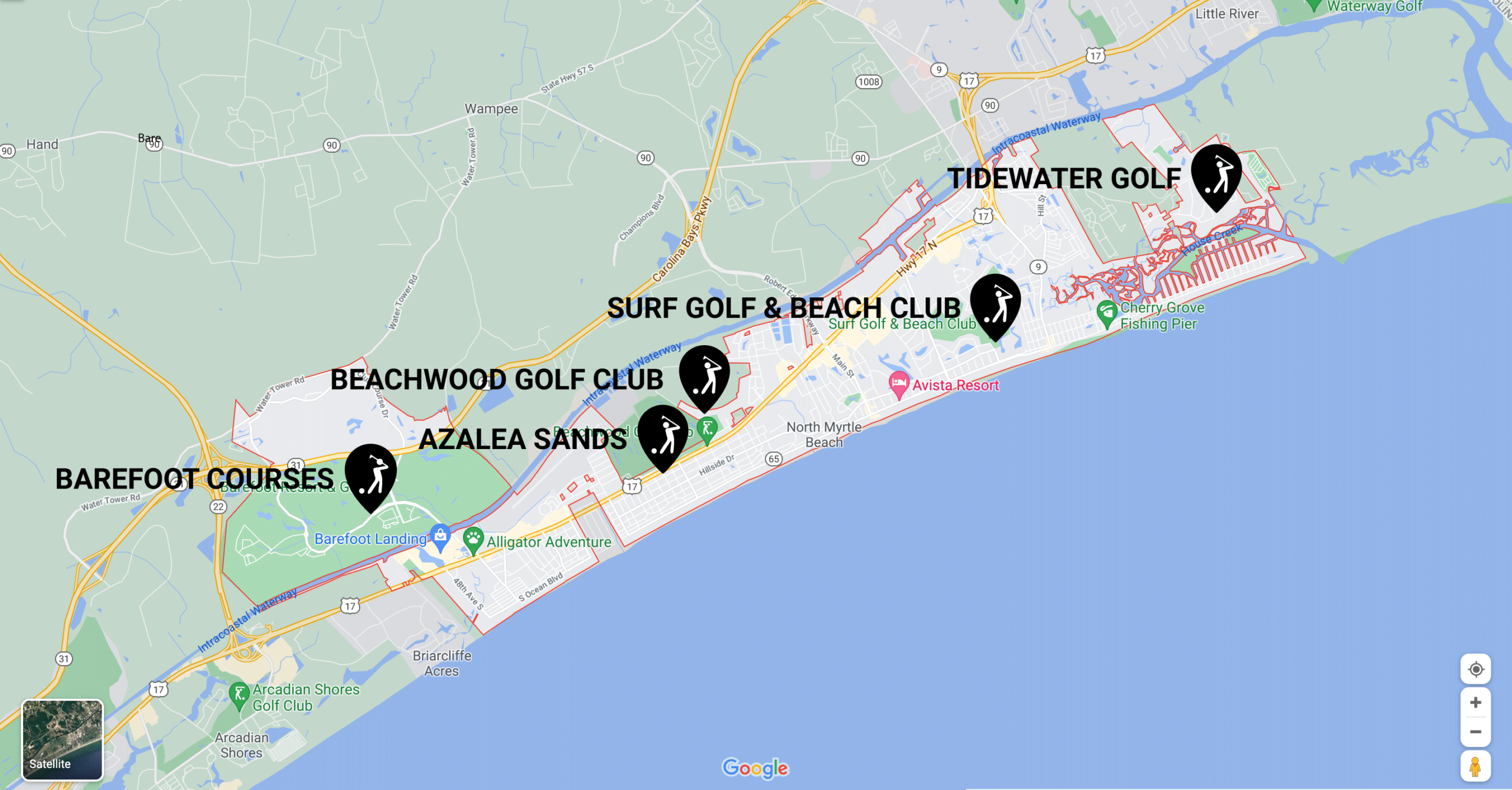North Myrtle Beach Golf Course Map - 8 Most Popular Courses inside Map of Golf Courses in Myrtle Beach Sc