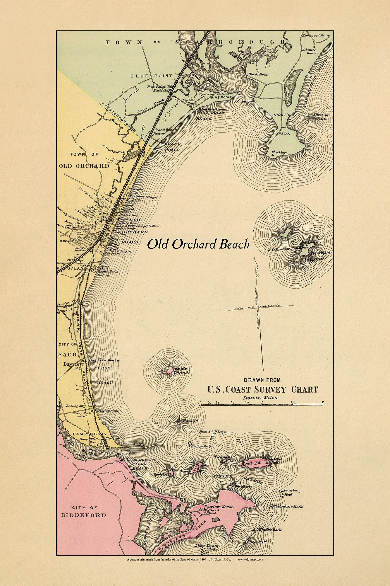 Old Orchard Beach - 1894 Old Map Reprint Maine State Atlas Stuart throughout Map Of Old Orchard Beach Maine