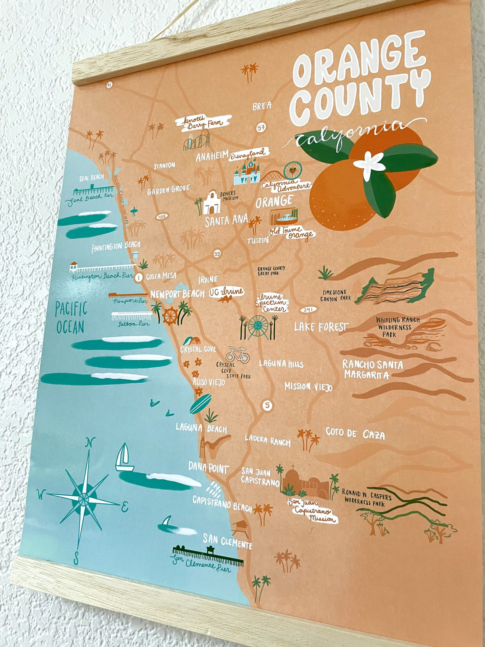 Orange County Map Poster 12X16 Art Illustration Print California for Map of Orange County Ca Beaches