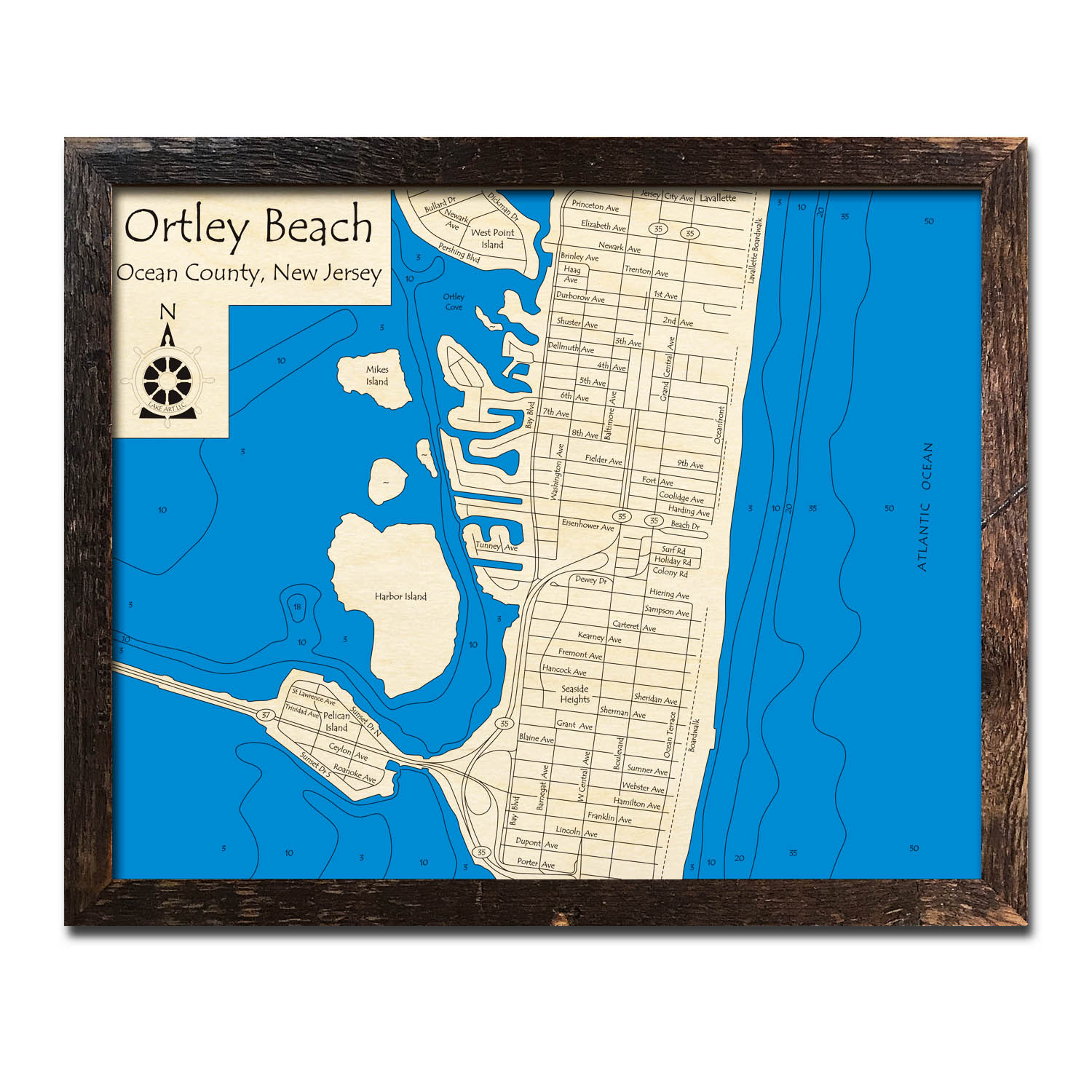 Ortley Beach - Jersey Shore Wood Map | 3D Nautical Wood Charts with Map of Ortley Beach Nj