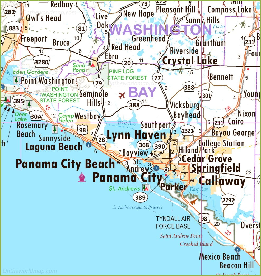 Panama City Area Road Map - Ontheworldmap intended for Road Map of Panama City Beach Fl