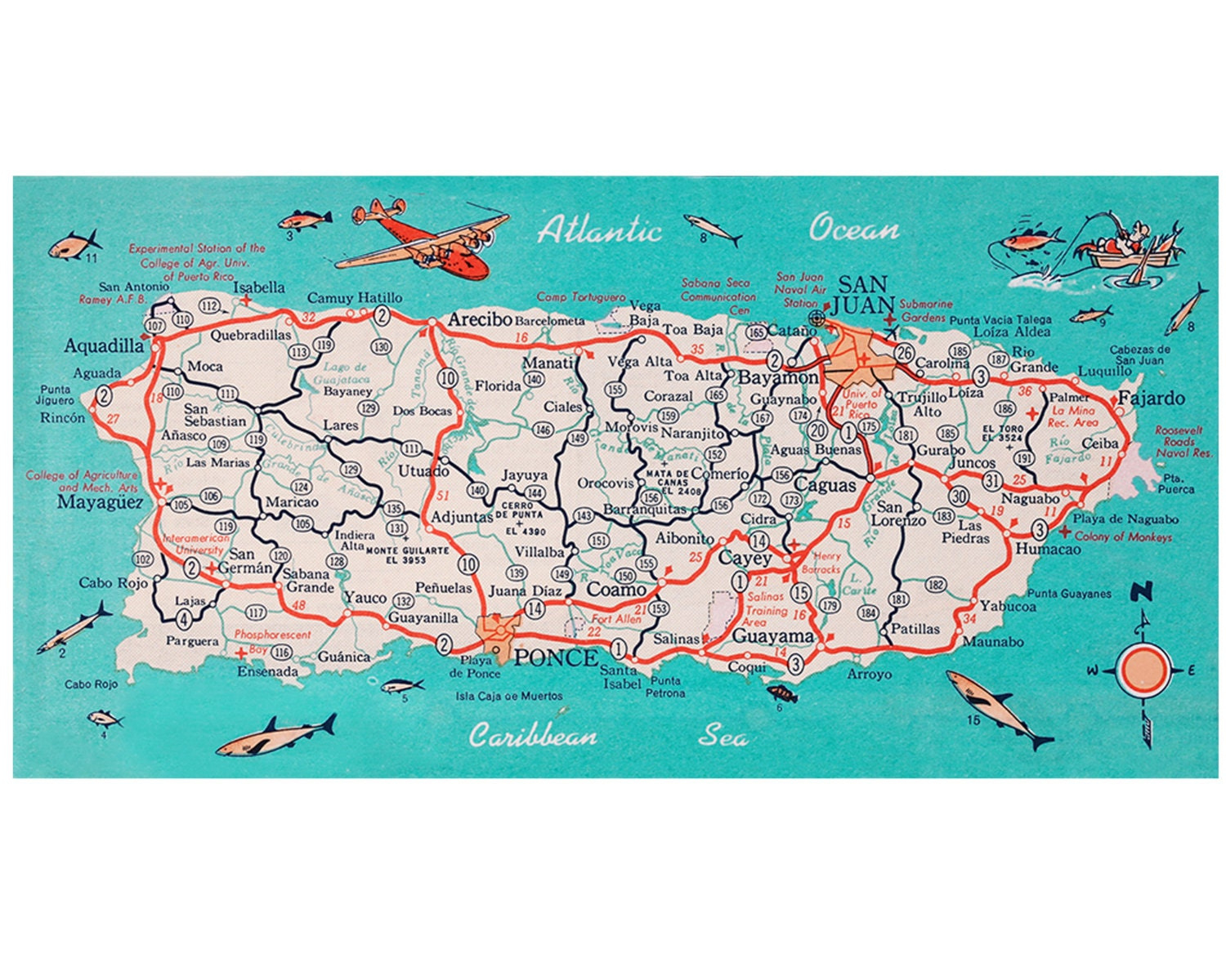 Puerto Rico Retro Beach Map Panoramic Print Funky Vintage with Flamenco Beach Puerto Rico Map